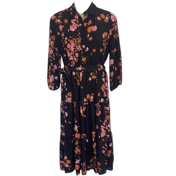 Nanette Lepore dress floral tiered button down Tie waist black pink size 10 - Picture 1 of 15